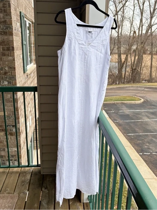 🆕DKNY Pure White Linen Maxi Dress Sleeveless Side Slit Summer Dress Size S Chic - Picture 4 of 15